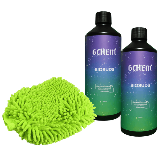 gchem biosuds car wash mitt kit 2 x 500ml bottles and lime green noodle wash mitt